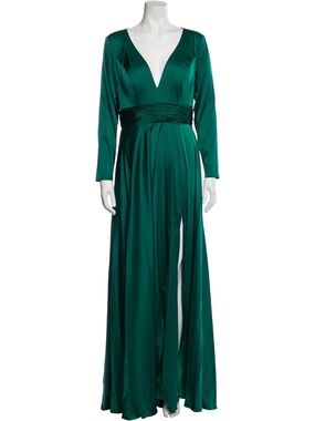Mac Duggal Leena Emerald Long-Sleeve V-Neck Evening Gown